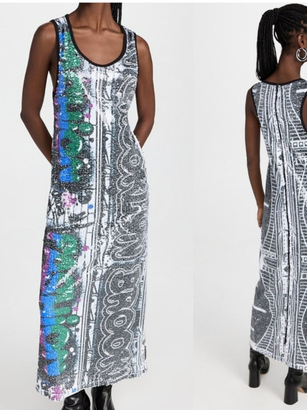 Kimberly Goldson $698 Dress Sequin Black White Brooklyn Graffiti Print Maxi
